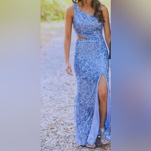 Primavera Couture One-Shoulder Blue Prom Dress